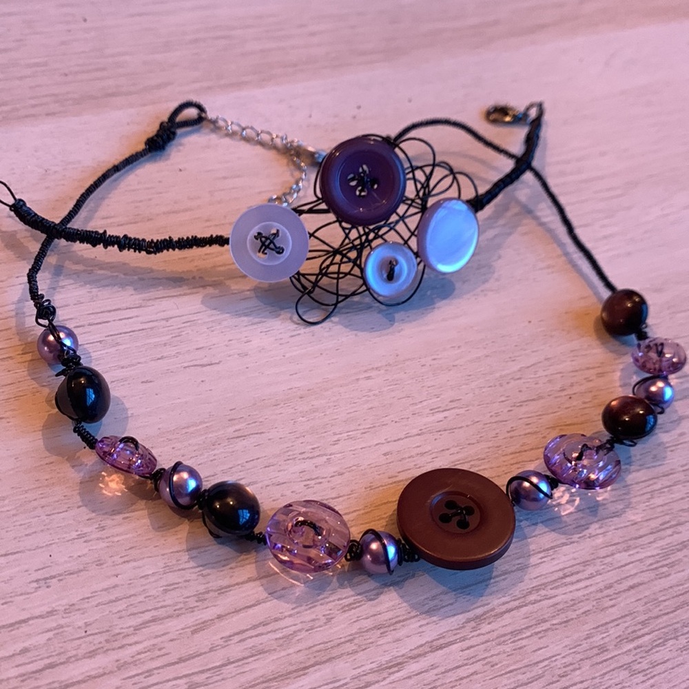 2x30$ ❄️ DUO necklace & bracelet - Wire & Vintage buttons - Violet Purple